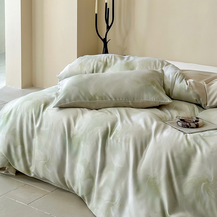 91家纺网 家纺一手货源 找家纺 禾时 2025新款60S兰精天丝数码印花暗合简约款四件套 莫斯-绿