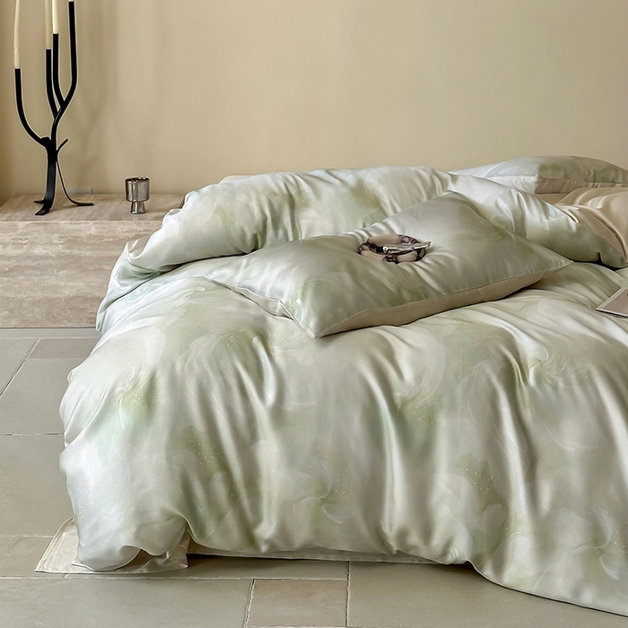 91家纺网 家纺一手货源 找家纺 禾时 2025新款60S兰精天丝数码印花暗合简约款四件套 莫斯-绿