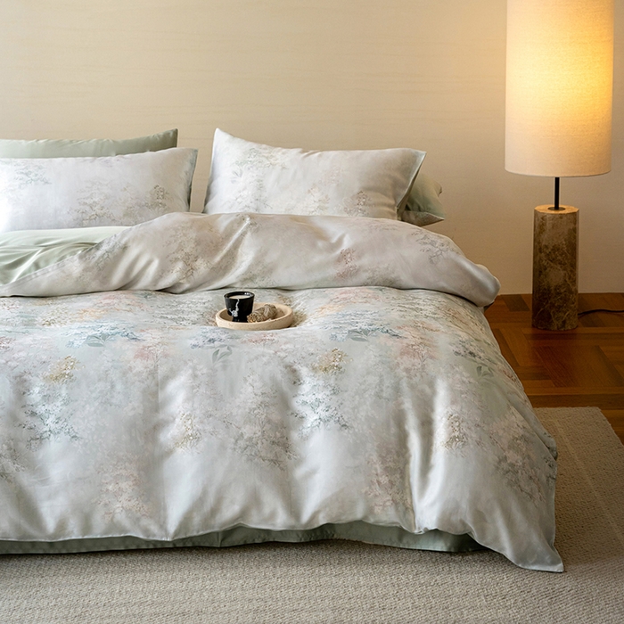 91家纺网 家纺一手货源 找家纺 禾时 2025新款60S兰精天丝数码印花暗合简约款四件套 栖舟-绿