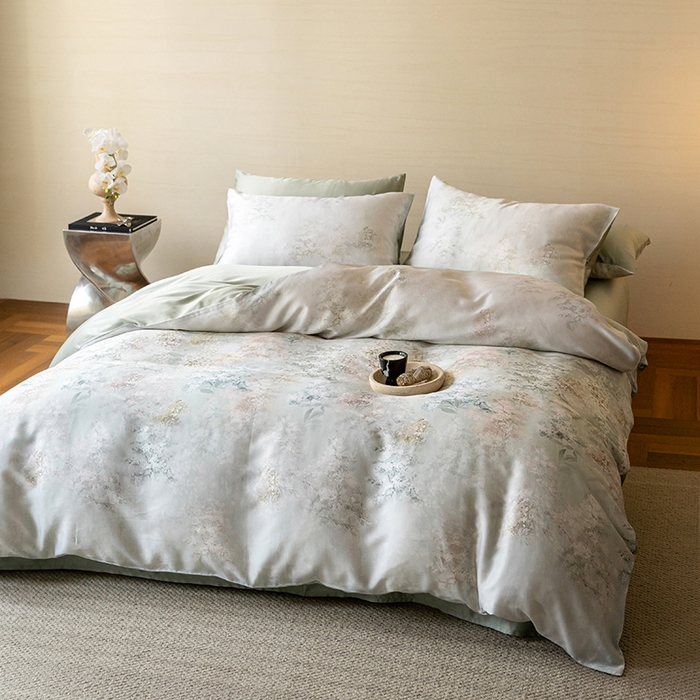 91家纺网 家纺一手货源 找家纺 禾时 2025新款60S兰精天丝数码印花暗合简约款四件套 栖舟-绿