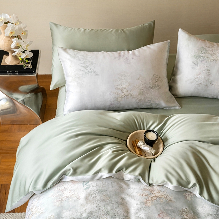 91家纺网 家纺一手货源 找家纺 禾时 2025新款60S兰精天丝数码印花暗合简约款四件套 栖舟-绿