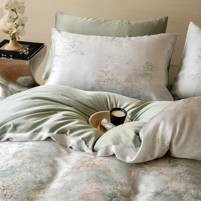 91家纺网 家纺一手货源 找家纺 禾时 2025新款60S兰精天丝数码印花暗合简约款四件套 栖舟-绿