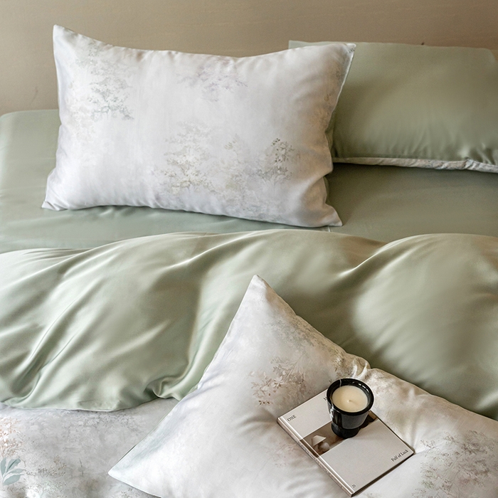 91家纺网 家纺一手货源 找家纺 禾时 2025新款60S兰精天丝数码印花暗合简约款四件套 栖舟-绿