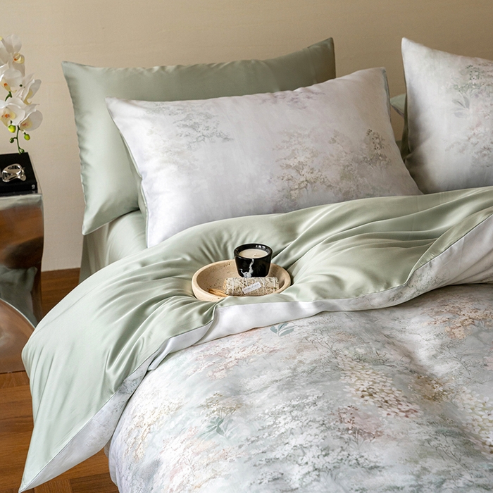 91家纺网 家纺一手货源 找家纺 禾时 2025新款60S兰精天丝数码印花暗合简约款四件套 栖舟-绿