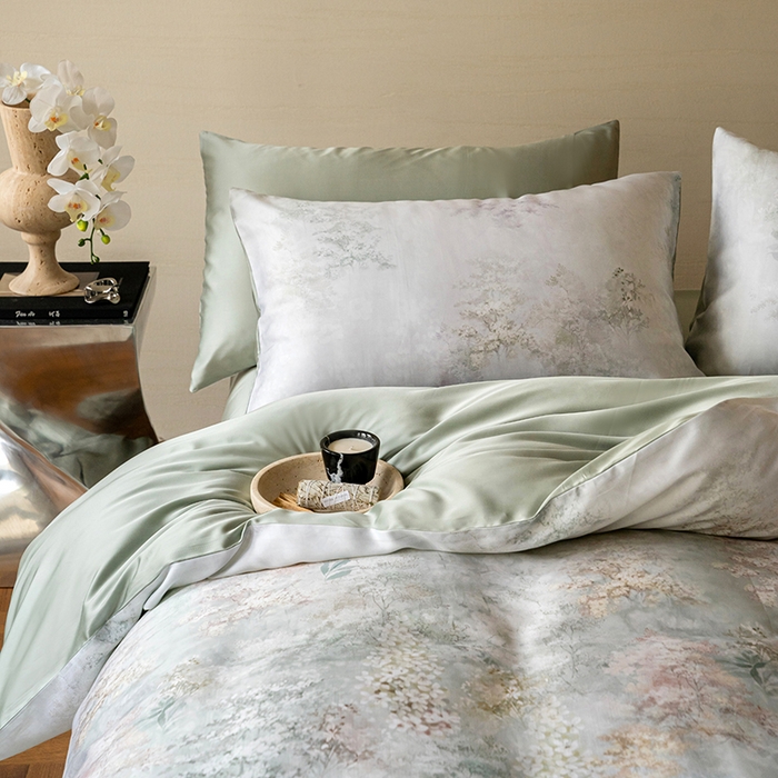 91家纺网 家纺一手货源 找家纺 禾时 2025新款60S兰精天丝数码印花暗合简约款四件套 栖舟-绿