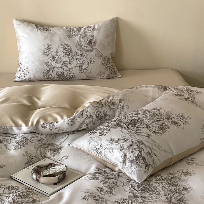 91家纺网 家纺一手货源 找家纺 禾时 2025新款60S兰精天丝数码印花暗合简约款四件套 沁香-咖