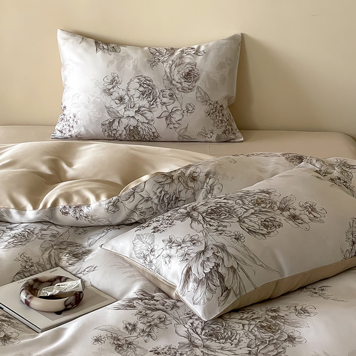 91家纺网 家纺一手货源 找家纺 禾时 2025新款60S兰精天丝数码印花暗合简约款四件套 沁香-咖