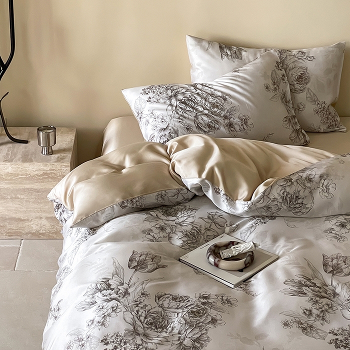 91家纺网 家纺一手货源 找家纺 禾时 2025新款60S兰精天丝数码印花暗合简约款四件套 沁香-咖