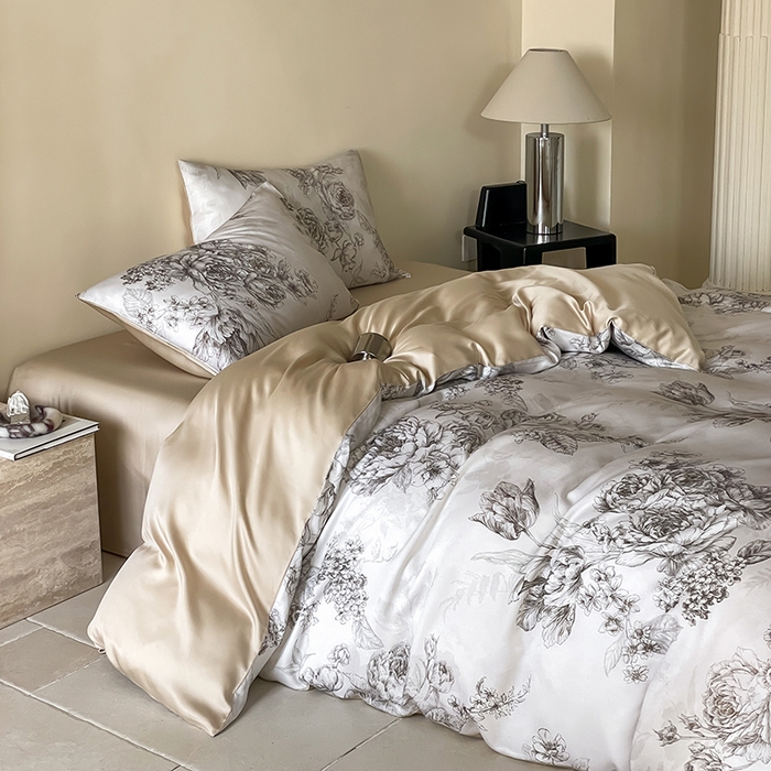 91家纺网 家纺一手货源 找家纺 禾时 2025新款60S兰精天丝数码印花暗合简约款四件套 沁香-咖