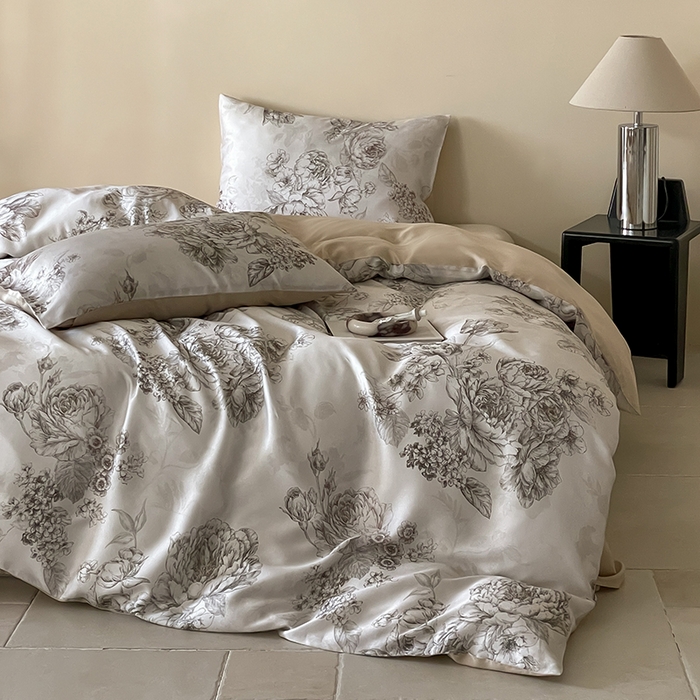 91家纺网 家纺一手货源 找家纺 禾时 2025新款60S兰精天丝数码印花暗合简约款四件套 沁香-咖