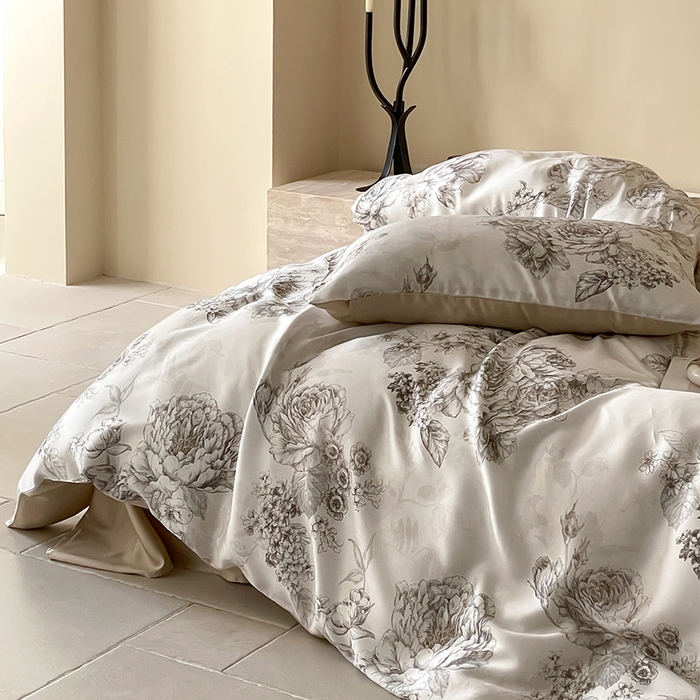 91家纺网 家纺一手货源 找家纺 禾时 2025新款60S兰精天丝数码印花暗合简约款四件套 沁香-咖