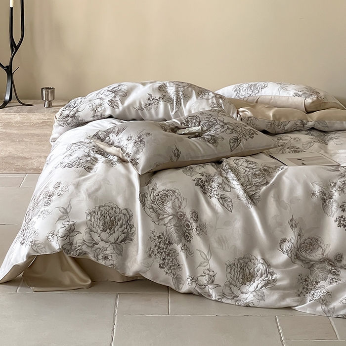 91家纺网 家纺一手货源 找家纺 禾时 2025新款60S兰精天丝数码印花暗合简约款四件套 沁香-咖