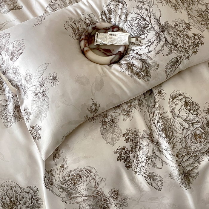 91家纺网 家纺一手货源 找家纺 禾时 2025新款60S兰精天丝数码印花暗合简约款四件套 沁香-咖