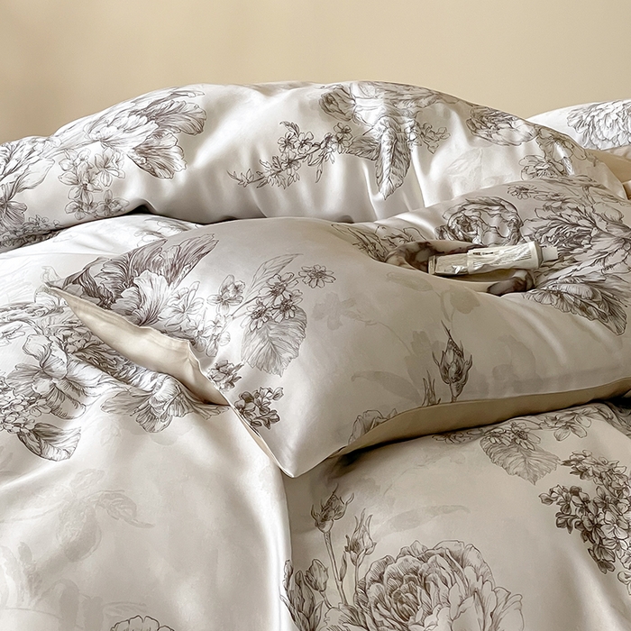 91家纺网 家纺一手货源 找家纺 禾时 2025新款60S兰精天丝数码印花暗合简约款四件套 沁香-咖