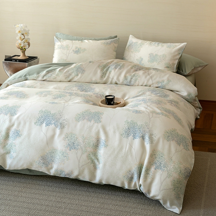 91家纺网 家纺一手货源 找家纺 禾时 2025新款60S兰精天丝数码印花暗合简约款四件套 如愿-绿