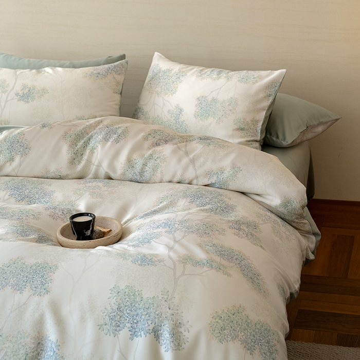 91家纺网 家纺一手货源 找家纺 禾时 2025新款60S兰精天丝数码印花暗合简约款四件套 如愿-绿