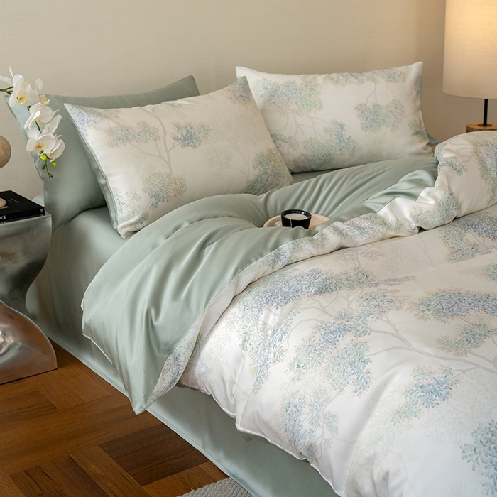 91家纺网 家纺一手货源 找家纺 禾时 2025新款60S兰精天丝数码印花暗合简约款四件套 如愿-绿