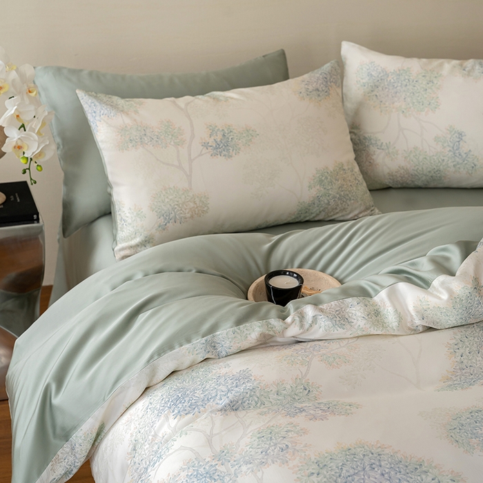 91家纺网 家纺一手货源 找家纺 禾时 2025新款60S兰精天丝数码印花暗合简约款四件套 如愿-绿