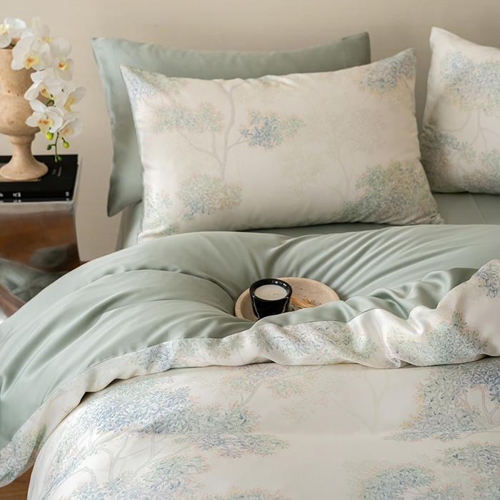 91家纺网 家纺一手货源 找家纺 禾时 2025新款60S兰精天丝数码印花暗合简约款四件套 如愿-绿