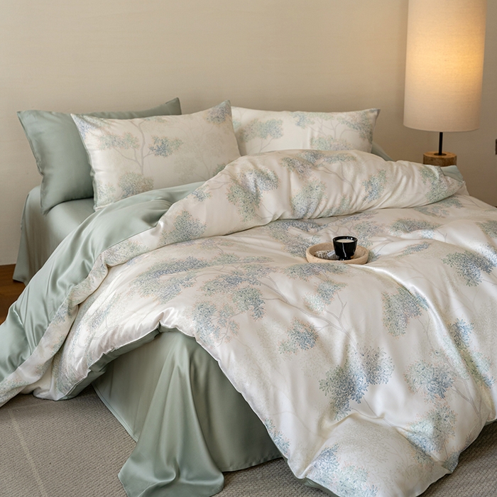 91家纺网 家纺一手货源 找家纺 禾时 2025新款60S兰精天丝数码印花暗合简约款四件套 如愿-绿