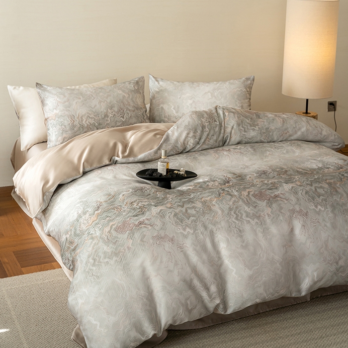 91家纺网 家纺一手货源 找家纺 禾时 2025新款60S兰精天丝数码印花暗合简约款四件套 望川-灰