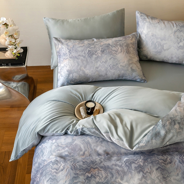 91家纺网 家纺一手货源 找家纺 禾时 2025新款60S兰精天丝数码印花暗合简约款四件套 望川-蓝