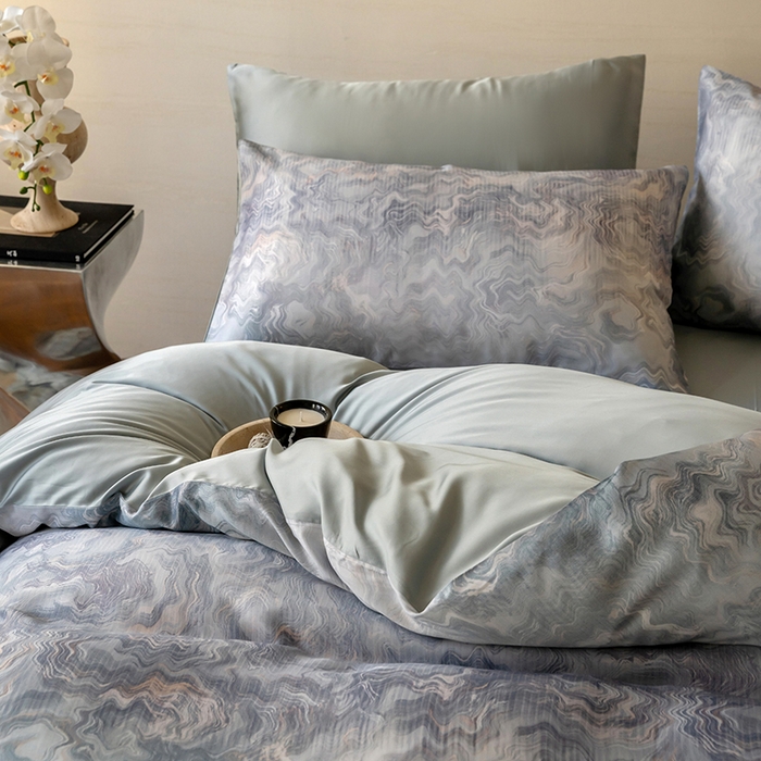 91家纺网 家纺一手货源 找家纺 禾时 2025新款60S兰精天丝数码印花暗合简约款四件套 望川-蓝