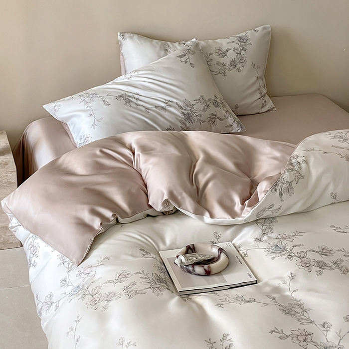 91家纺网 家纺一手货源 找家纺 禾时 2025新款60S兰精天丝数码印花暗合简约款四件套 夕瑶-白玉