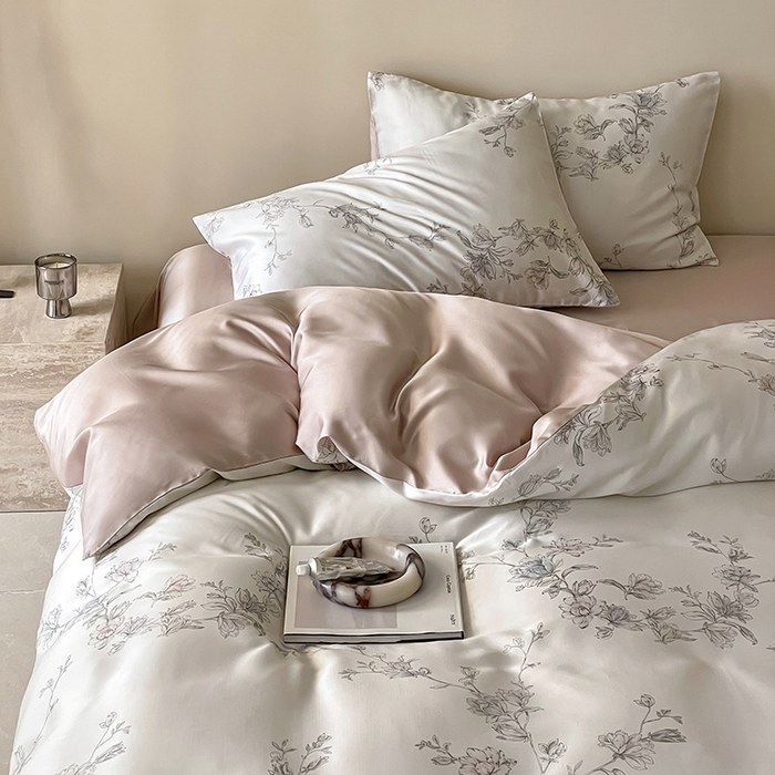 91家纺网 家纺一手货源 找家纺 禾时 2025新款60S兰精天丝数码印花暗合简约款四件套 夕瑶-白玉