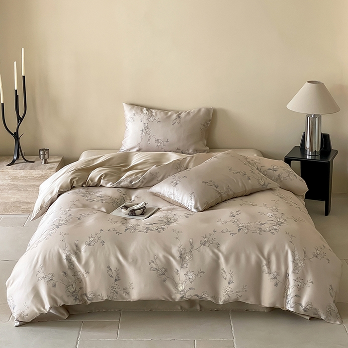 禾时 2025新款60S兰精天丝数码印花暗合简约款四件套 夕瑶-浅桔