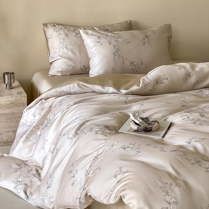 91家纺网 家纺一手货源 找家纺 禾时 2025新款60S兰精天丝数码印花暗合简约款四件套 夕瑶-浅桔