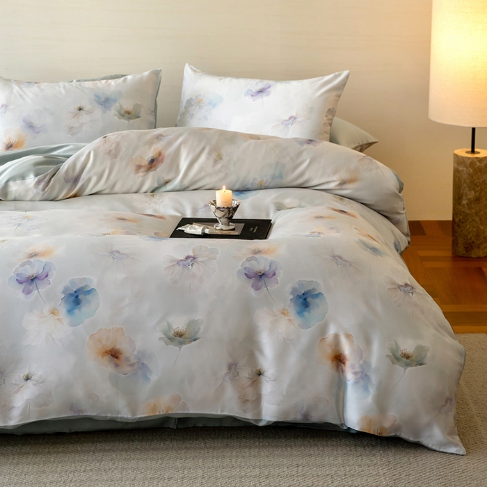 91家纺网 家纺一手货源 找家纺 禾时 2025新款60S兰精天丝数码印花暗合简约款四件套 夏芷-淡蓝