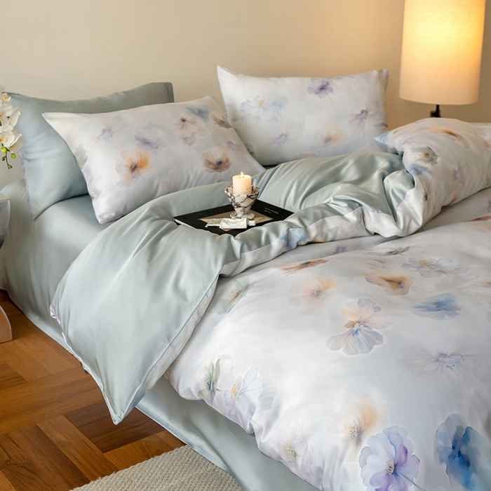 91家纺网 家纺一手货源 找家纺 禾时 2025新款60S兰精天丝数码印花暗合简约款四件套 夏芷-淡蓝