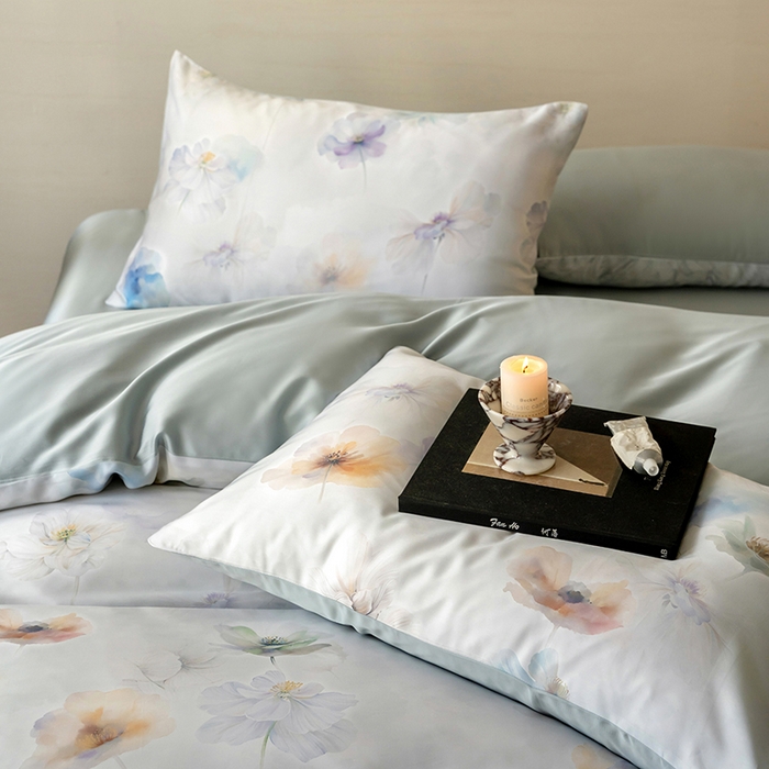 91家纺网 家纺一手货源 找家纺 禾时 2025新款60S兰精天丝数码印花暗合简约款四件套 夏芷-淡蓝