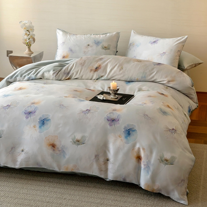 91家纺网 家纺一手货源 找家纺 禾时 2025新款60S兰精天丝数码印花暗合简约款四件套 夏芷-淡蓝