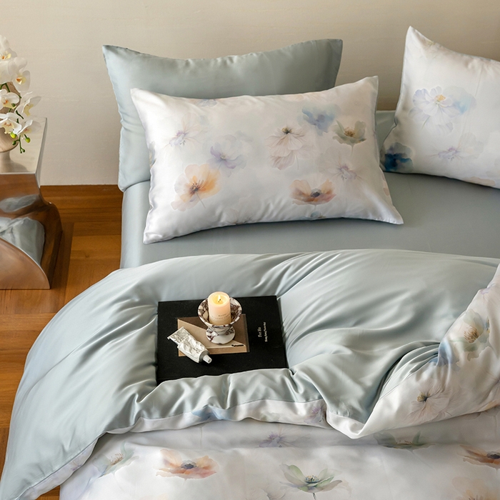 91家纺网 家纺一手货源 找家纺 禾时 2025新款60S兰精天丝数码印花暗合简约款四件套 夏芷-淡蓝