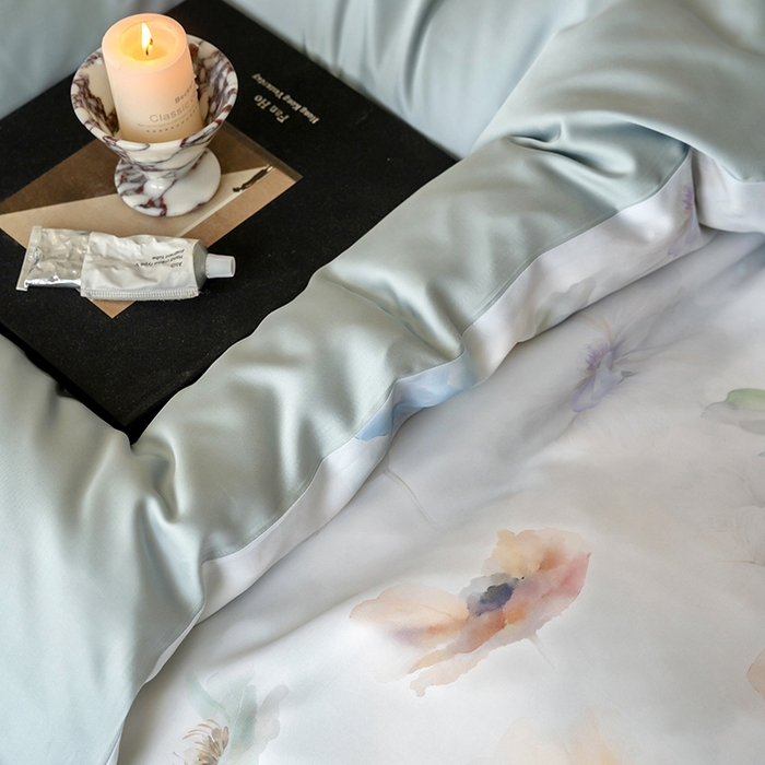 91家纺网 家纺一手货源 找家纺 禾时 2025新款60S兰精天丝数码印花暗合简约款四件套 夏芷-淡蓝