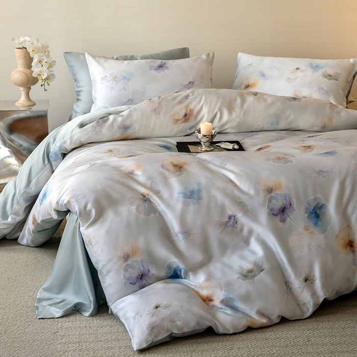 91家纺网 家纺一手货源 找家纺 禾时 2025新款60S兰精天丝数码印花暗合简约款四件套 夏芷-淡蓝