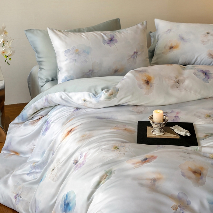 91家纺网 家纺一手货源 找家纺 禾时 2025新款60S兰精天丝数码印花暗合简约款四件套 夏芷-淡蓝