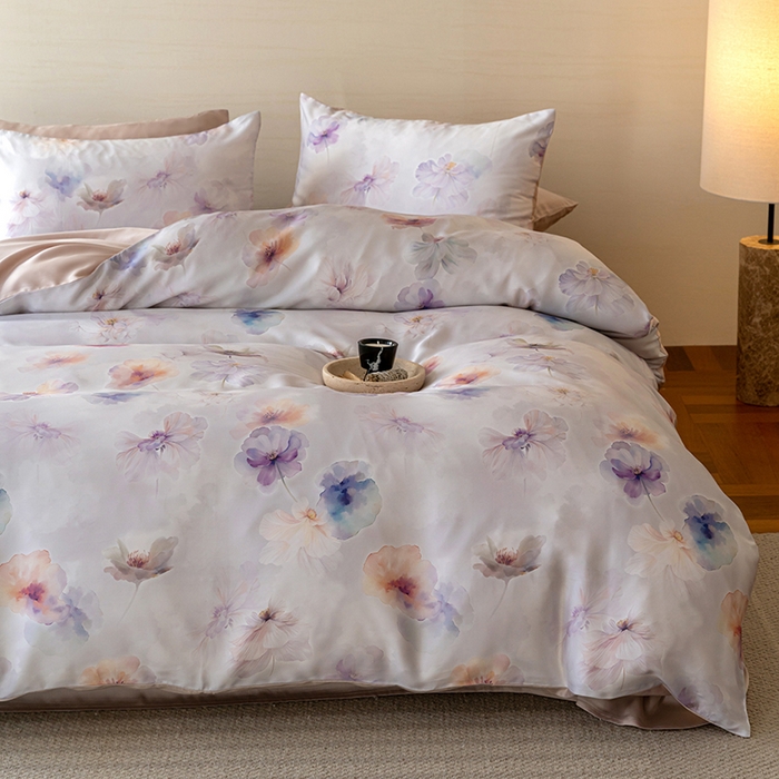 91家纺网 家纺一手货源 找家纺 禾时 2025新款60S兰精天丝数码印花暗合简约款四件套 夏芷-浅紫