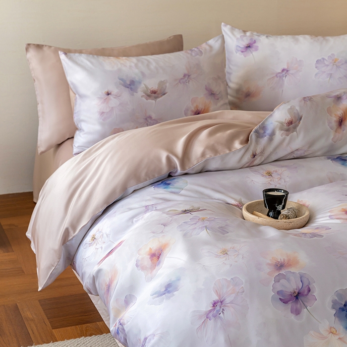 91家纺网 家纺一手货源 找家纺 禾时 2025新款60S兰精天丝数码印花暗合简约款四件套 夏芷-浅紫