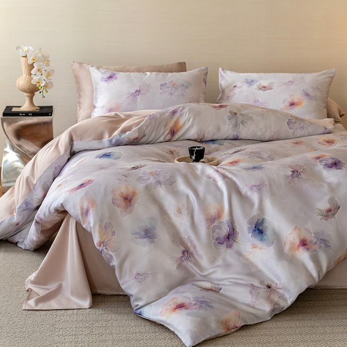 91家纺网 家纺一手货源 找家纺 禾时 2025新款60S兰精天丝数码印花暗合简约款四件套 夏芷-浅紫