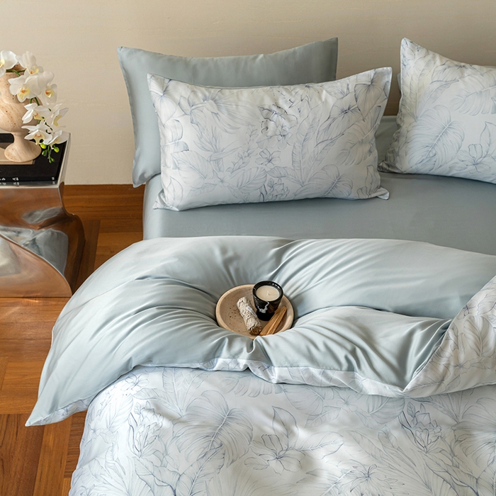 91家纺网 家纺一手货源 找家纺 禾时 2025新款60S兰精天丝数码印花暗合简约款四件套 叶影-蓝