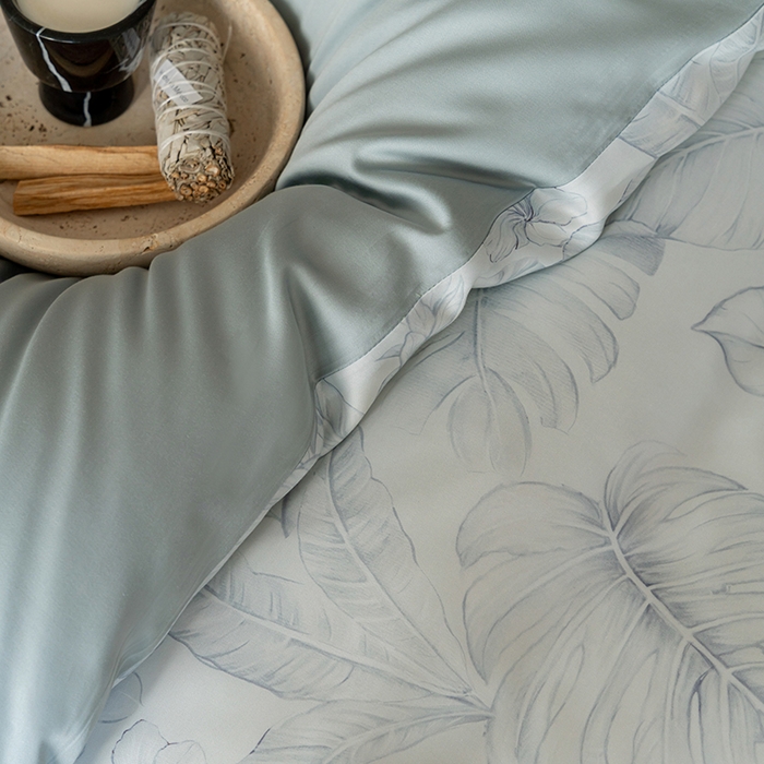 91家纺网 家纺一手货源 找家纺 禾时 2025新款60S兰精天丝数码印花暗合简约款四件套 叶影-蓝