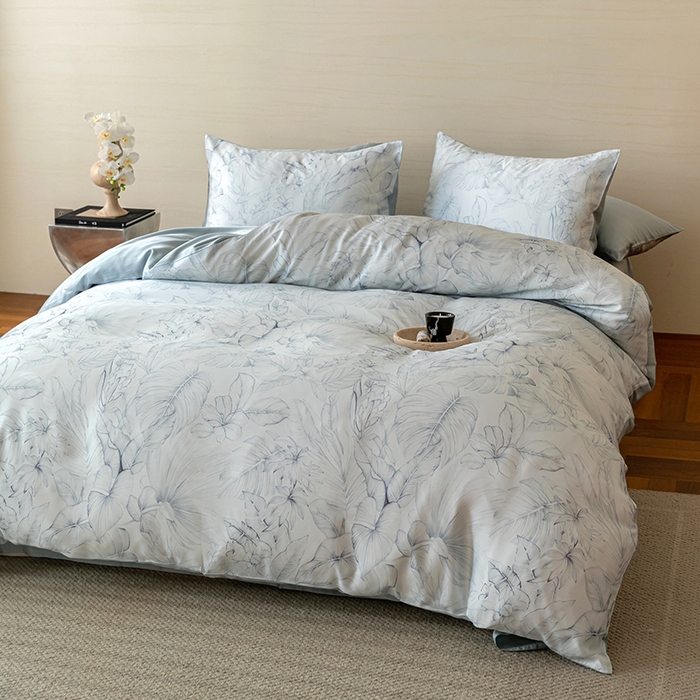 91家纺网 家纺一手货源 找家纺 禾时 2025新款60S兰精天丝数码印花暗合简约款四件套 叶影-蓝