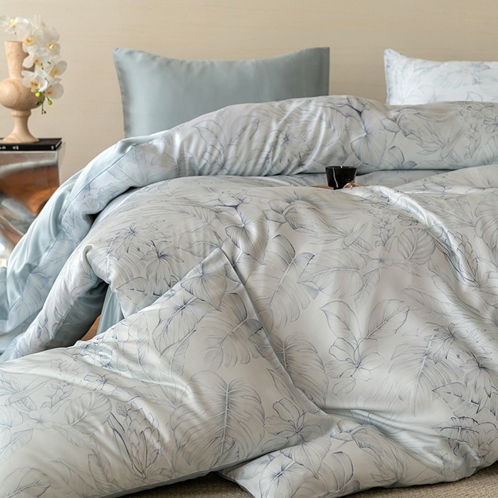 91家纺网 家纺一手货源 找家纺 禾时 2025新款60S兰精天丝数码印花暗合简约款四件套 叶影-蓝