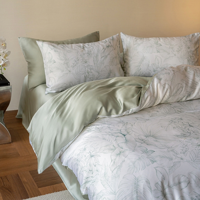 91家纺网 家纺一手货源 找家纺 禾时 2025新款60S兰精天丝数码印花暗合简约款四件套 叶影-绿