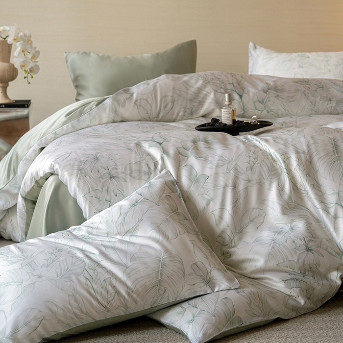 91家纺网 家纺一手货源 找家纺 禾时 2025新款60S兰精天丝数码印花暗合简约款四件套 叶影-绿