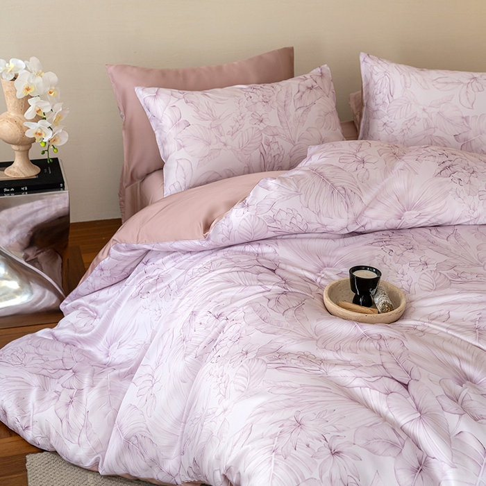 91家纺网 家纺一手货源 找家纺 禾时 2025新款60S兰精天丝数码印花暗合简约款四件套 叶影-紫