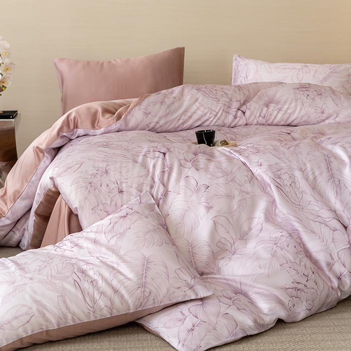 91家纺网 家纺一手货源 找家纺 禾时 2025新款60S兰精天丝数码印花暗合简约款四件套 叶影-紫